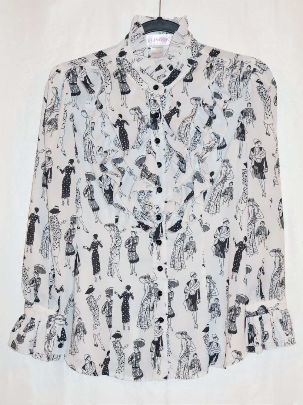 Vintage Blingor Black & White Chiffon Ruffle Blouse.
